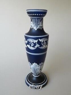 Fine 10 1/2 White Enameled Cobalt Blue Satin Glass Vase Bohemian Early 20th