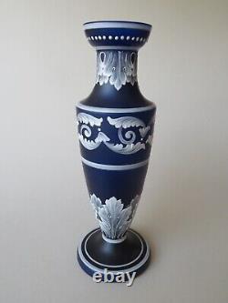 Fine 10 1/2 White Enameled Cobalt Blue Satin Glass Vase Bohemian Early 20th