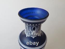 Fine 10 1/2 White Enameled Cobalt Blue Satin Glass Vase Bohemian Early 20th