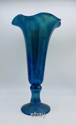 Fine Signed LUNDBERG Iridescent Blue Aurene Glass Trumpet Vase 10 Tall