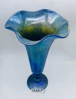 Fine Signed LUNDBERG Iridescent Blue Aurene Glass Trumpet Vase 10 Tall