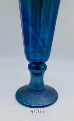 Fine Signed LUNDBERG Iridescent Blue Aurene Glass Trumpet Vase 10 Tall