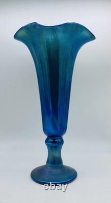 Fine Signed LUNDBERG Iridescent Blue Aurene Glass Trumpet Vase 10 Tall