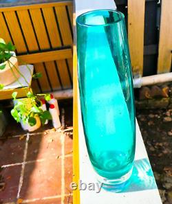 Finnish Riihimaki Tamara Aladin Large Turquoise Art Glass Vase 15-5/8 Tall MCM