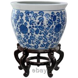 Floor Vase 16 in. Floral Blue And White Porcelain Fish Bowl Bohemian Planter Pot