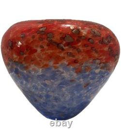 Franco Moretti signed Murano, Italy Oval Glass Vase fire&ice Red/Blue, 6 1/2H