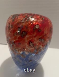 Franco Moretti signed Murano, Italy Oval Glass Vase fire&ice Red/Blue, 6 1/2H