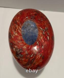 Franco Moretti signed Murano, Italy Oval Glass Vase fire&ice Red/Blue, 6 1/2H