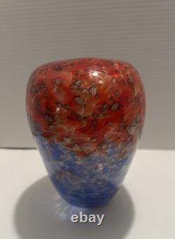 Franco Moretti signed Murano, Italy Oval Glass Vase fire&ice Red/Blue, 6 1/2H