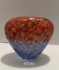 Franco Moretti signed Murano, Italy Oval Glass Vase fire&ice Red/Blue, 6 1/2H