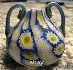 Fratelli Toso Murano Blue Yellow White Millefiori Vintage Antique Art Glass Vase