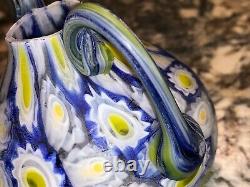 Fratelli Toso Murano Blue Yellow White Millefiori Vintage Antique Art Glass Vase