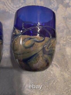 Frederick Warren Iridescent Colbalt Blue Art Glass Tumblers