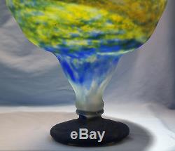 French Daum Nancy Mottled Blue Yellow Glass Large Pedestal Bowl/Vase Circa 1900