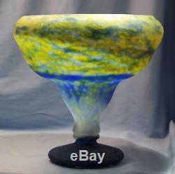 French Daum Nancy Mottled Blue Yellow Glass Large Pedestal Bowl/Vase Circa 1900