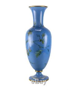 French Opaline Glass Vase Hand Painted Blue with Sparrows, c1900 Signed NW