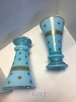 French PORTIEUX VALLERYSTHAL Vase Aqua Blue Opaline Milk Glass Gold Czech