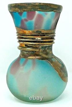 Frosted Hand Blown Glass Vase with Metal Collar etched signature blue purple thick