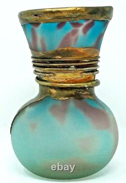 Frosted Hand Blown Glass Vase with Metal Collar etched signature blue purple thick
