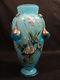 GORGEOUS BLUE ART GLASS VASE with ENAMELED FLORALS & APPLIED GILDED TEARDROPS