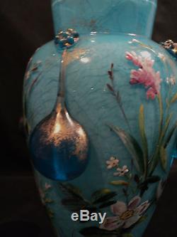 GORGEOUS BLUE ART GLASS VASE with ENAMELED FLORALS & APPLIED GILDED TEARDROPS