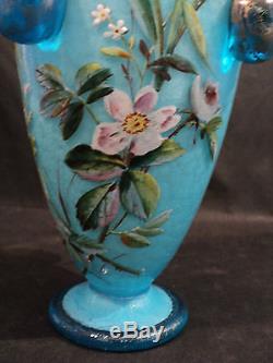GORGEOUS BLUE ART GLASS VASE with ENAMELED FLORALS & APPLIED GILDED TEARDROPS