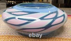 Geometric Lattice Pattern Blue PInk Studio Art Glass Bowl Vase Signed Fink