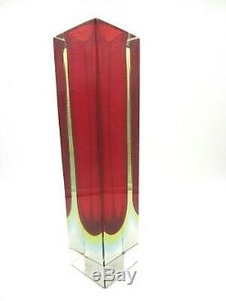 Geometric Murano block vase faceted red blue & glowing green sommerso art glass