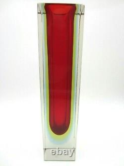 Geometric Murano block vase faceted red blue & glowing green sommerso art glass