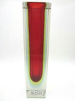 Geometric Murano block vase faceted red blue & glowing green sommerso art glass