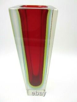 Geometric Murano block vase faceted red blue & glowing green sommerso art glass