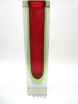 Geometric Murano block vase faceted red blue & glowing green sommerso art glass