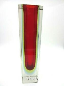 Geometric Murano block vase faceted red blue & glowing green sommerso art glass