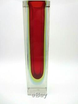 Geometric Murano block vase faceted red blue & glowing green sommerso art glass