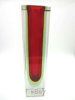 Geometric Murano block vase faceted red blue & glowing green sommerso art glass