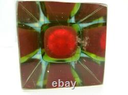 Geometric Murano block vase faceted red blue & glowing green sommerso art glass