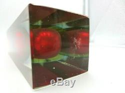 Geometric Murano block vase faceted red blue & glowing green sommerso art glass