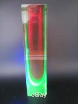 Geometric Murano block vase faceted red blue & glowing green sommerso art glass