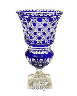 German Cobalt Blue Cut to Clear Glass Large Footed Vase, circa 1950
