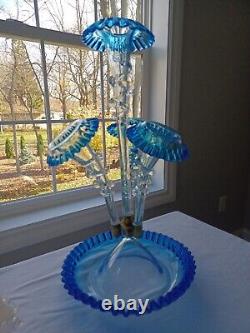 Glass Epergne Antique Victorian BLUE / CLEAR England EXQUISITE