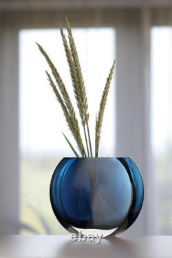 Glass Vase Blue Teal round 7.25 Long Heavy Durable Made in Europe