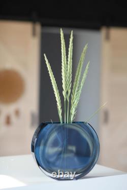 Glass Vase Blue Teal round 7.25 Long Heavy Durable Made in Europe
