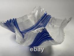 Glass Vase Hand Made Layered Fused String Bowl Blue Rare Collection Kitchen