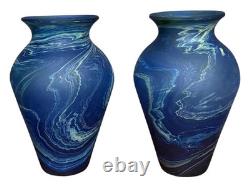 Glass Vase Set of 2 Phoenician Blue Marble Handblown in Palestine