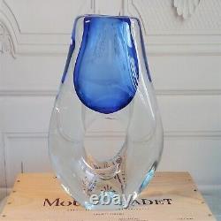 Glass vase with hole in middle Blue and Clear Heavy 12 Inches Tall