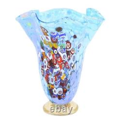 GlassOfVenice Murano Glass Millefiori Fazzoletto Vase Aqua Blue