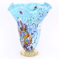 GlassOfVenice Murano Glass Millefiori Fazzoletto Vase Aqua Blue