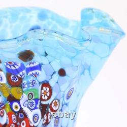 GlassOfVenice Murano Glass Millefiori Fazzoletto Vase Aqua Blue