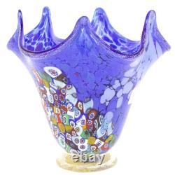 GlassOfVenice Murano Glass Millefiori Fazzoletto Vase Blue