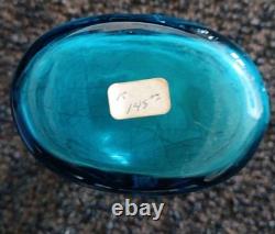 Gorgeous BLUE BLOWN GLASS Hand painted Deco Vase 5 1/2 Tall